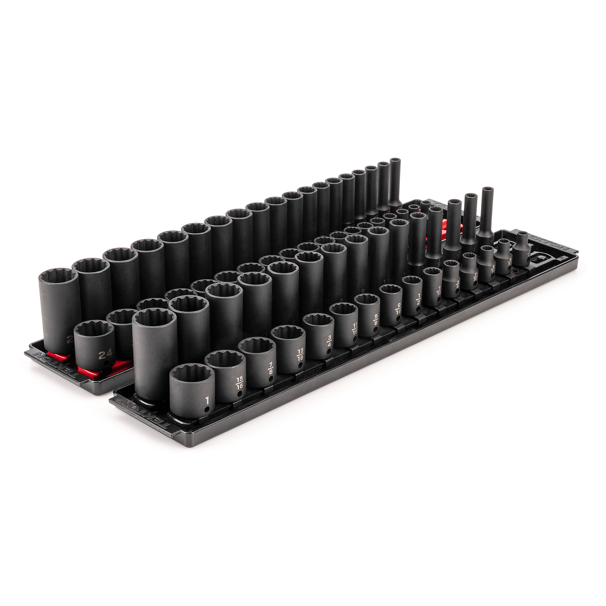 TEKTON 3/8 Inch Drive Shallow and Deep 12-Point Impact Socket Set with Rails and Trays, 68-Piece (1/4 - 1 in., 6 - 24 mm) | SID91219